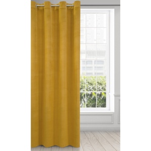 Závěs Milo, hořčicově žlutý velvet + drobný eco splot, na kroužcích, velikost 140x250cm, lze zkrátit