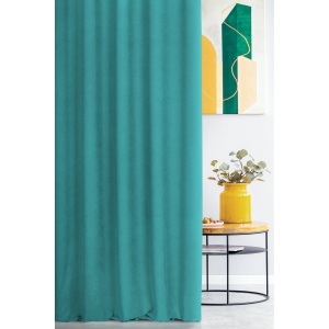 Závěs Adessa, tmavší tyrkys, šití na míru, řasící páska,  velurovo-semišový vzhled, působí teplým a útulným dojmem