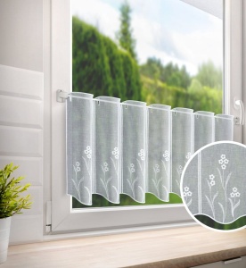 Kuchyňská / bistro záclonka Flowers 26486, bílá etamína s výšivkou, 3 volitelné výšky,  na metry, šíře libovolná