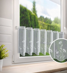 Kuchyňská / bistro záclonka Flowers 26492, bílá etamína s výšivkou, 3 volitelné výšky,  na metry, šíře libovolná