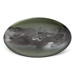Větší patera - talíř Saba Art Glass, silnostěnné barvené sklo,  zeleno-šedá koloristika,  průměr 27cm