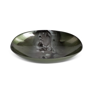 Větší patera-miska Saba Art Glass, silnostěnné barvené sklo,  zeleno-šedá koloristika,  nepravidelný tvar, šířka 31cm