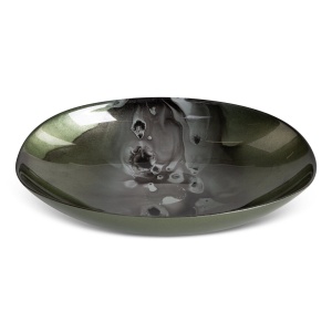 Patera-miska Saba Art Glass, silnostěnné barvené sklo,  zeleno-šedá koloristika,  nepravidelný tvar, šířka 27cm