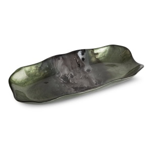 Větší patera Saba Art Glass, silnostěnné barvené sklo,  zeleno-šedá koloristika,  šířka 32cm