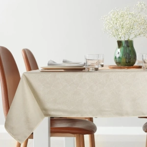 Velký ubrus Isla-K, 140x260cm, krémový podklad, žakárový vzor listy banánovníku, široký lem