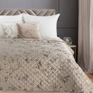 Přehoz na lůžka Neat BL5, hebký velvet + vícebarevný potisk, barva béžová, prošití,  volba velikosti