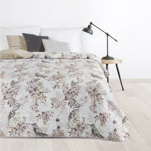 Přehoz na lůžka Poly, botanický motiv s ptáky, zlatý dotisk listy kapradí, velvet samet, prošití, volba velikostí