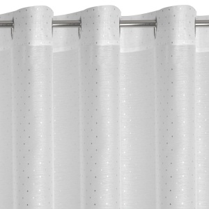 Záclona Sibel,  jemná bílá záclona se stříbrnou dekorací,  velikost  300x250cm, na kroužcích, lze zkrátit