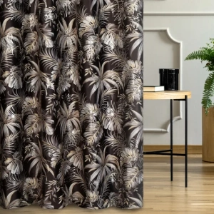 Závěs RODOS,  hebký velvet, botanický vzor, stříbřitý siluetový dotisk, šití na míru