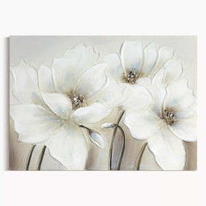 Větší dekorační obraz  Flowers 705A,  ruční malba na plátně s dekorací brokátem a džety, velikost 70x50cm
