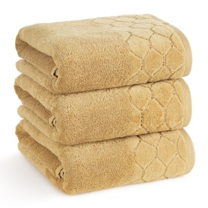 Ručníky Lumia, barva hořčicová žlutá, bordura velvet geometrický vzor, dekorační prošití, velikost 50x90cm, sada 3ks