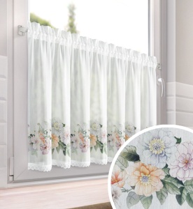 Kuchyňská / bistro záclonka Flowery, bílá etamína s potiskem, šíře 150cm, 2 volitelné výšky